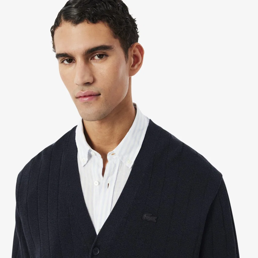 Мужской вязаный кардиган с V-образным вырезом Paris Pack тёмно-синий от Lacoste — фото 2