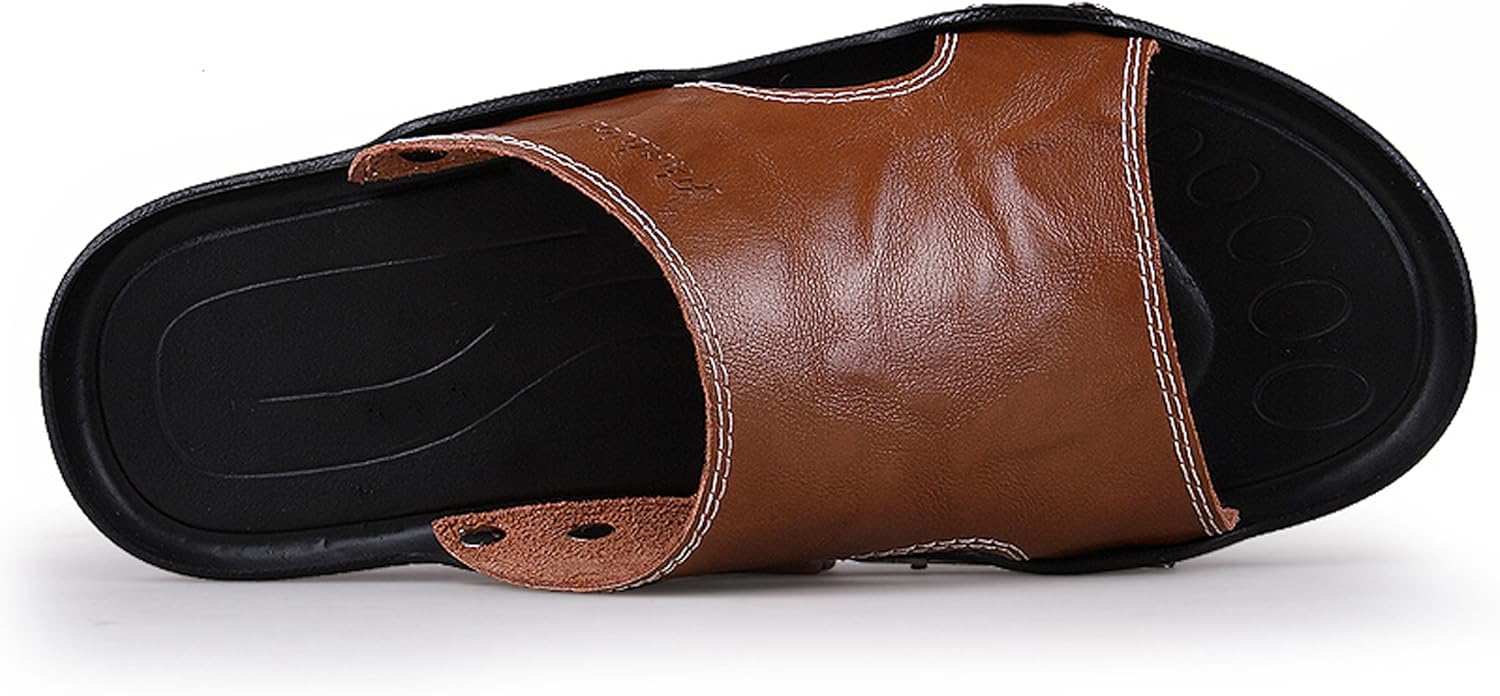 Мужские кожаные шлепанцы сандалии, комфортные, легко надеваются, пляжные, летние, нескользящие, на плоской подошве, повседневная обувь Santimon, коричневый — фото 3