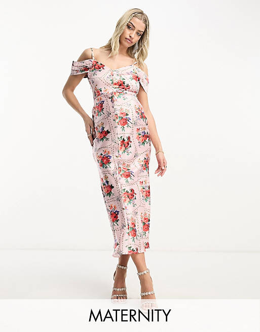 

Атласное платье миди с открытыми плечами Hope & Ivy Maternity красного цвета с цветочным принтом, Красный, Атласное платье миди с открытыми плечами Hope & Ivy Maternity красного цвета с цветочным принтом