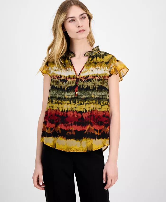 

Женский шифоновый топ с принтом, оборкой на вороте и рукавами-крылышками, P/XXS-XXL Anne Klein, зеленый