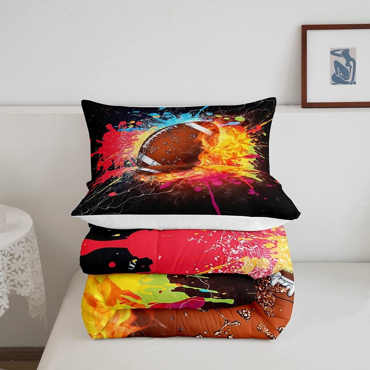 

Erosebridal Football Полноразмерный комплект одеял для мальчиков-подростков Дети Хиппи Tie Dye Спортивные комплекты постельного белья для футбола Комплект одеял для регби 1 одеяло и 2 наволочки Красочная спортивная тема Декор спальни, Sports 13