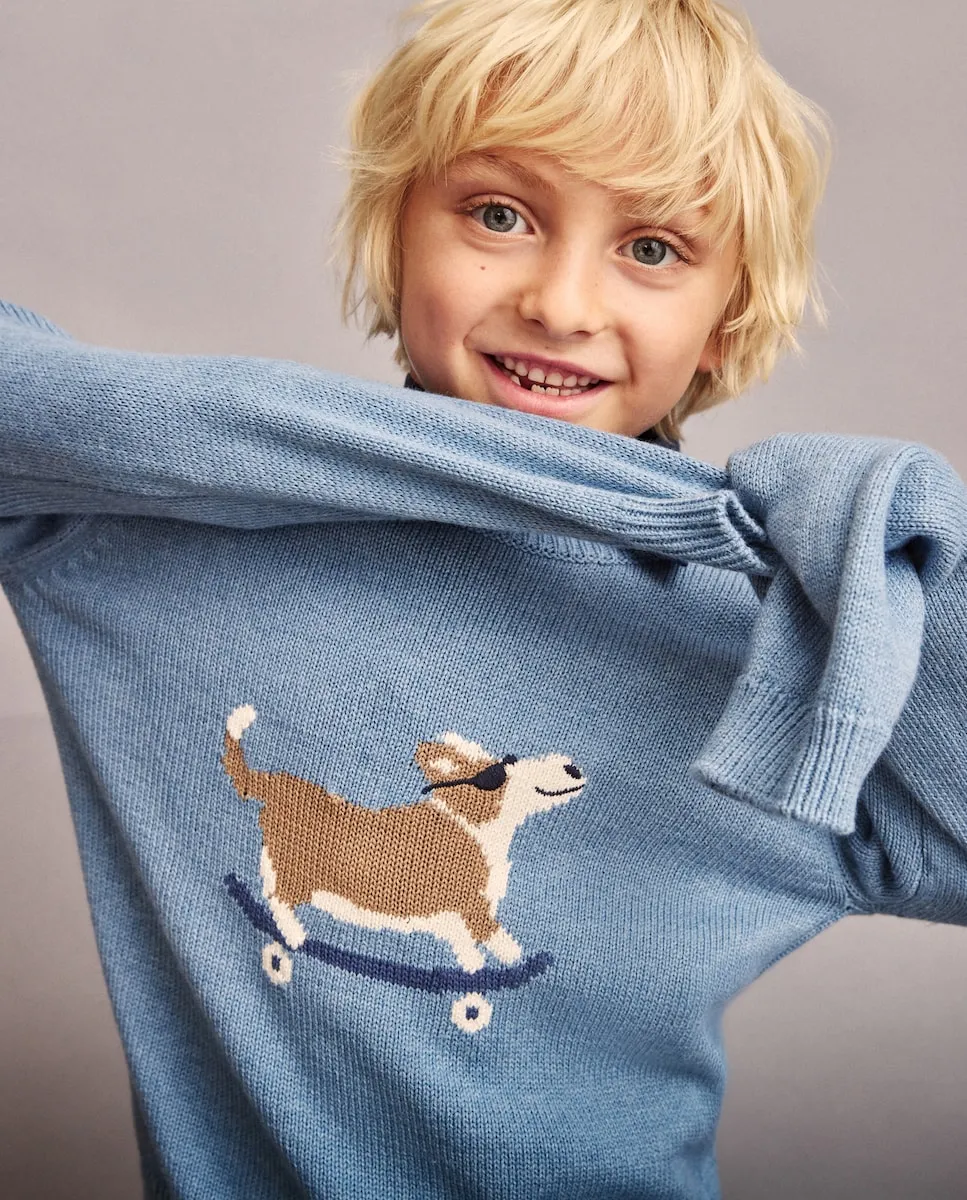 

Джемпер интарсия меланж с собакой, очками и детским самокатом Coconut El Corte Inglés, темно-синий