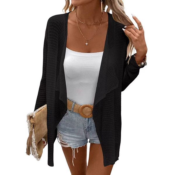 

Женский легкий кардиган с длинным рукавом, открытым передом и лацканом Clearflower, Black