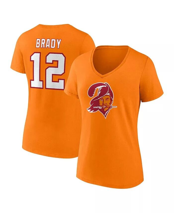 

Женская футболка Tom Brady Orange Tampa Bay Buccaneers Throwback Player со значком имени и номером Fanatics