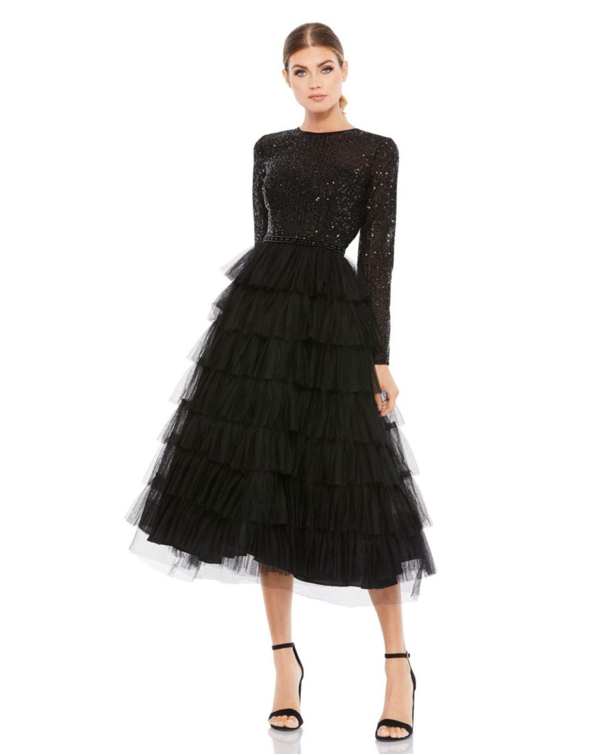 

Женское коктейльное платье А-силуэта из многослойного тюля с пайетками Mac Duggal, Black