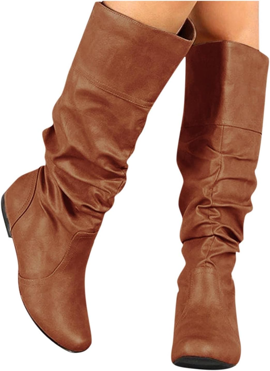 

Женские ботинки Hbeylia для женщин, модные мягкие складчатые кожаные с круглым носком, на низком ходу, средние по голени, винтажные без каблука, коричневый