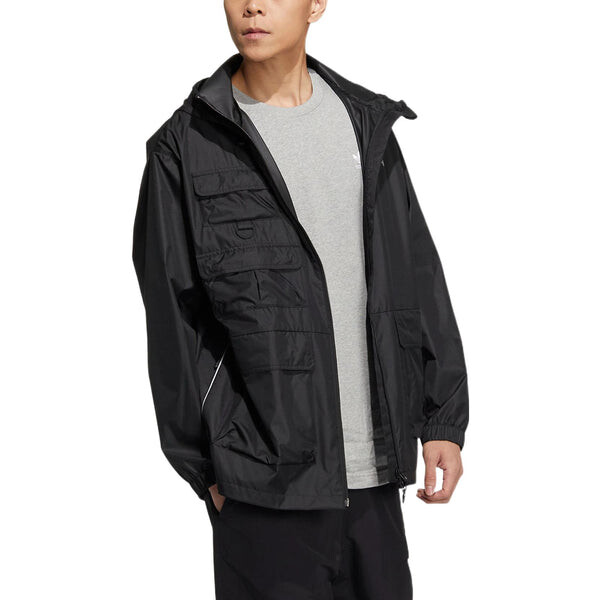 Куртка Men's adidas originals SS22 Solid Color Stand Collar Hooded Drawstring Sports Jacket Autumn Black, черный — фото 4