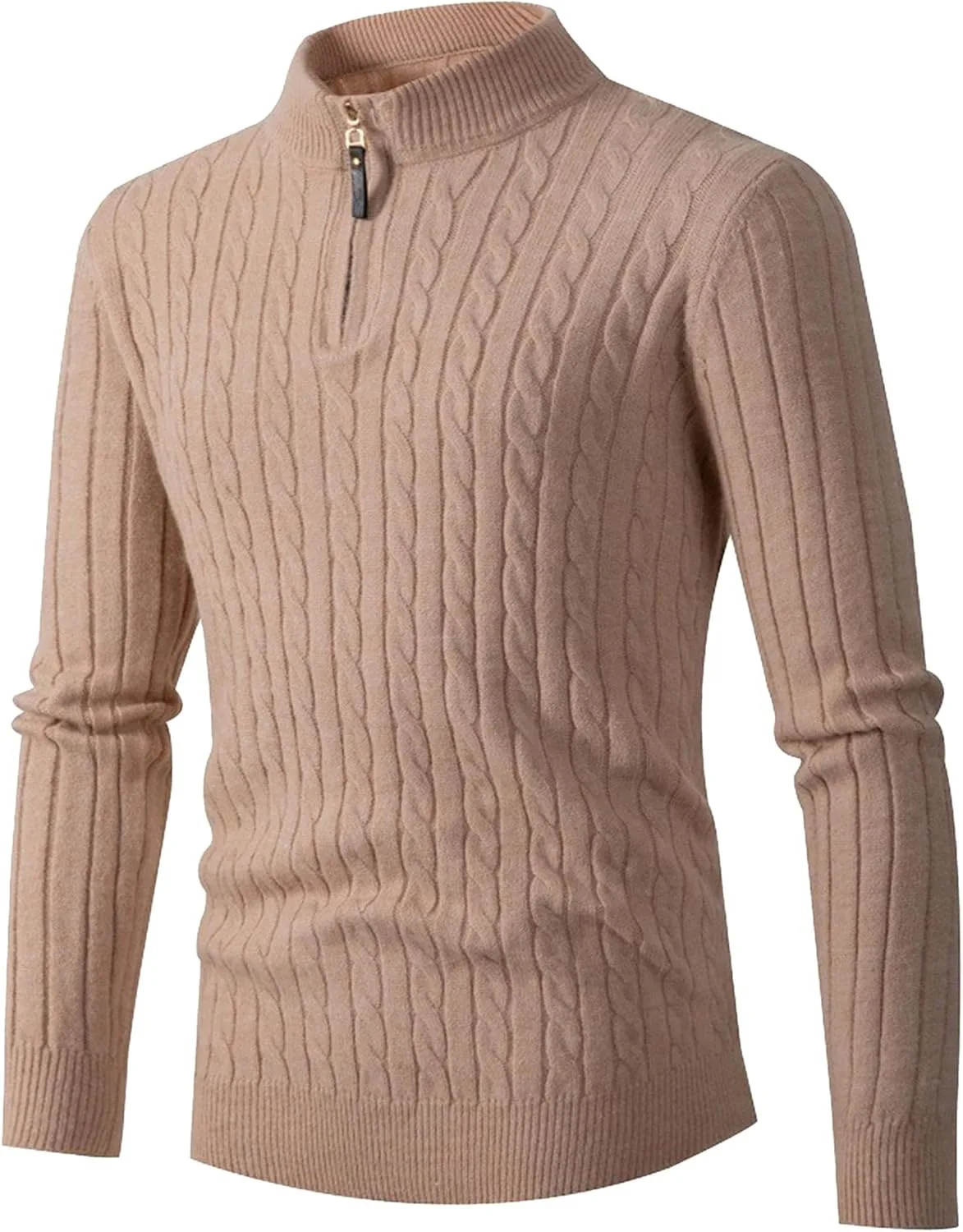 

Мужской свитер с кабельной вязкой, длинный рукав, молния, slim fit QOAAIE