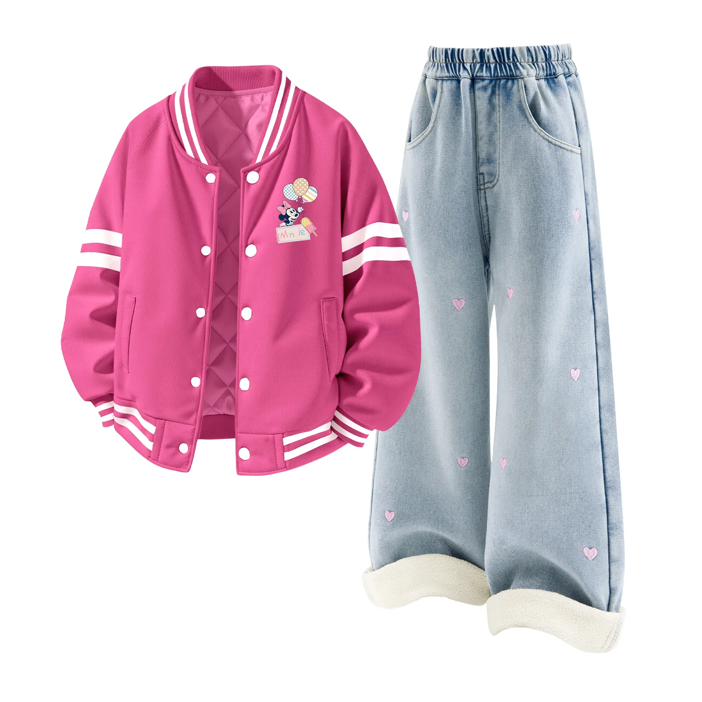 Детская повседневная спортивная футболка с круглым вырезом Disney, [Thickened and Fleece-Lined]Di Balloons K Rose Red+Solid Color Denim Light Blue