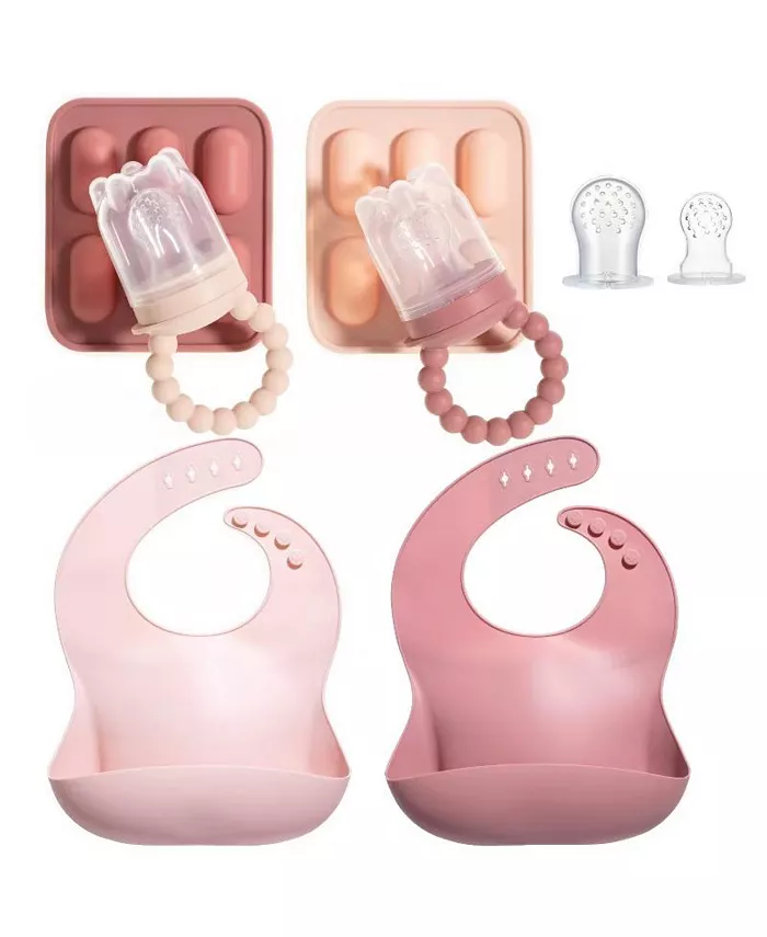 

Набор силиконовых ниблеров и слюнявчиков для малышей - незаменимые аксессуары для первого прикорма, бережные для десен, без BPA, легко моются Sperric, розовый