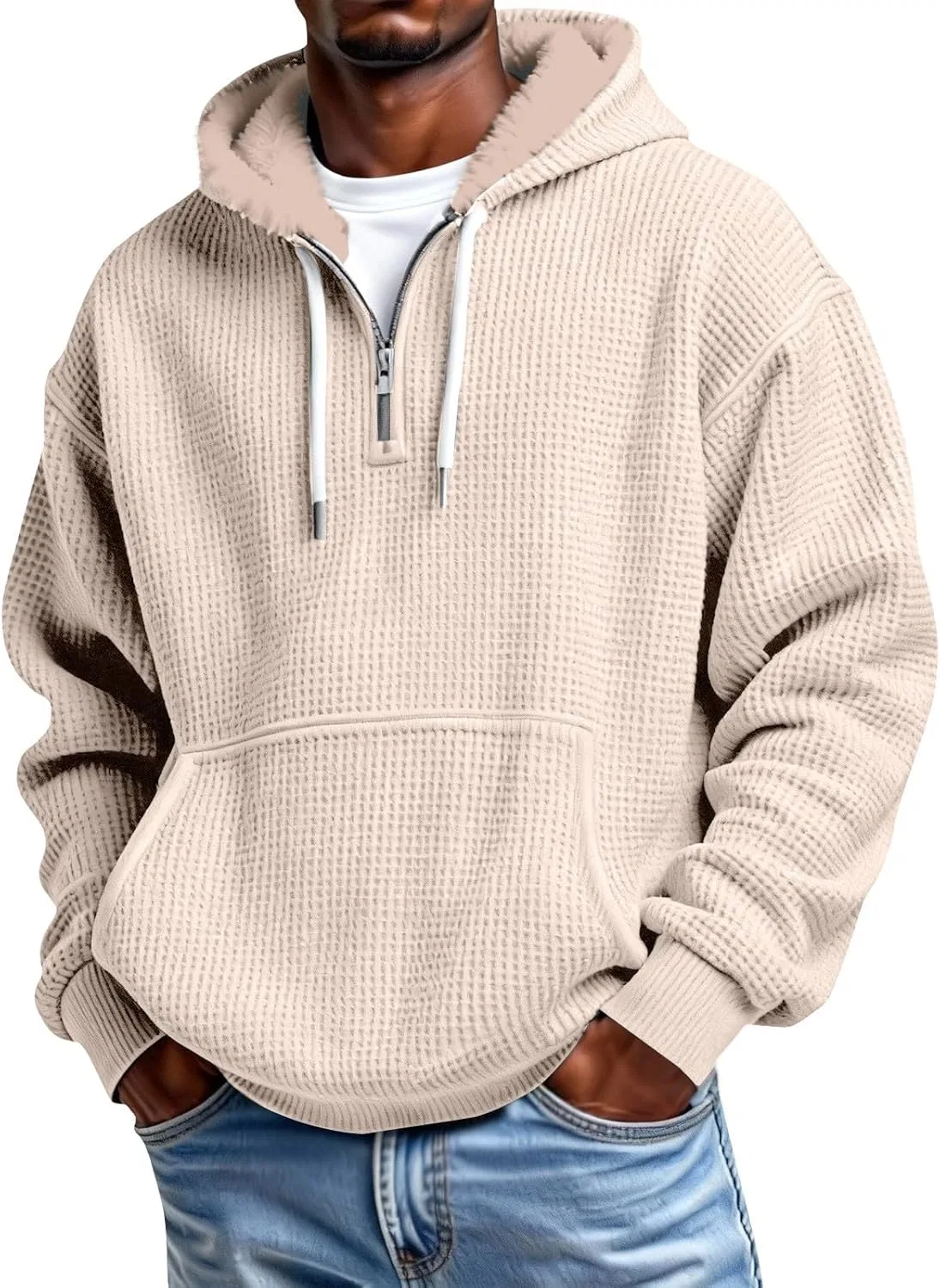 Худи мужское на молнии, вафельное, с флисовой подкладкой, Beige