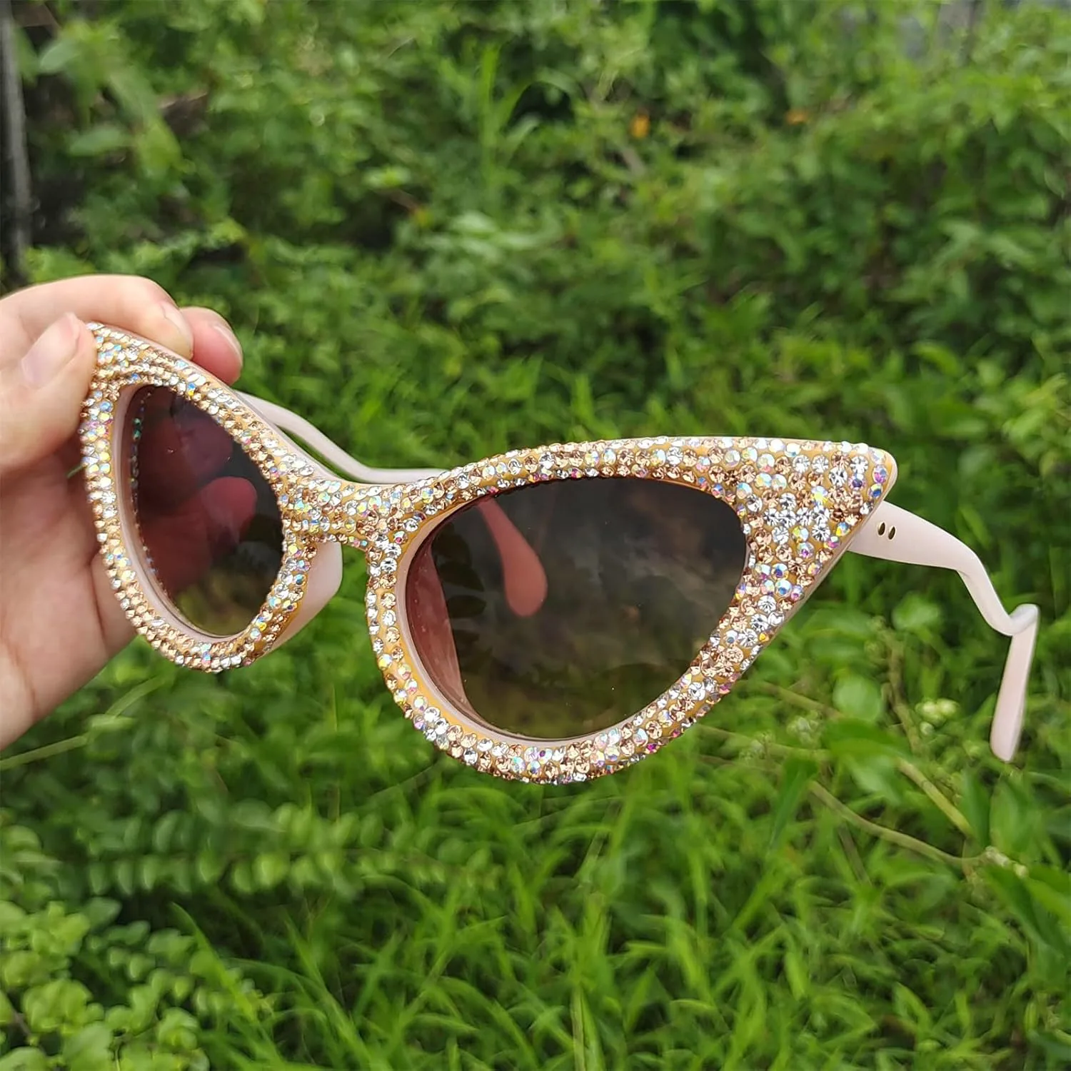 

COTIA Модные солнцезащитные очки «кошачий глаз» с бриллиантами, милые женские солнцезащитные очки с блестящими стразами и разноцветными кристаллами, 2pcs Brown+white