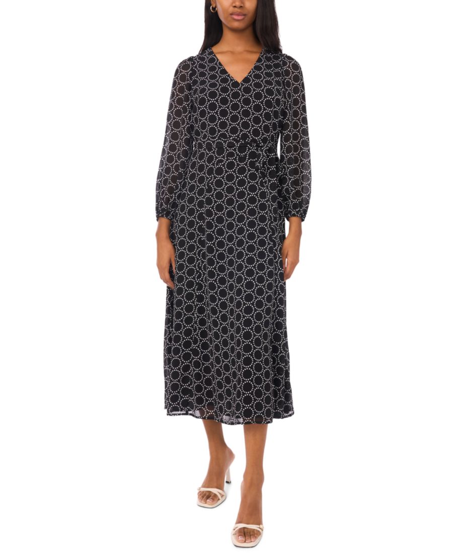 

Укороченное миди-платье с геометрическим принтом, V-образным вырезом и длинными рукавами MSK, Black