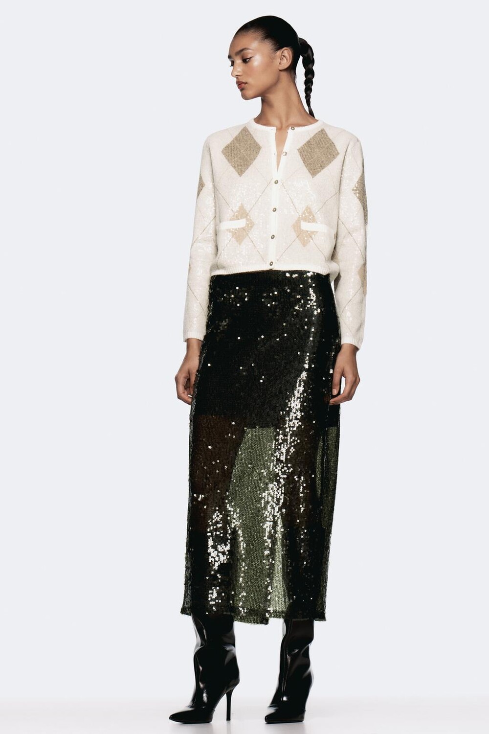 

Вязаная куртка с пайетками и аргайлом ZARA, бежевый