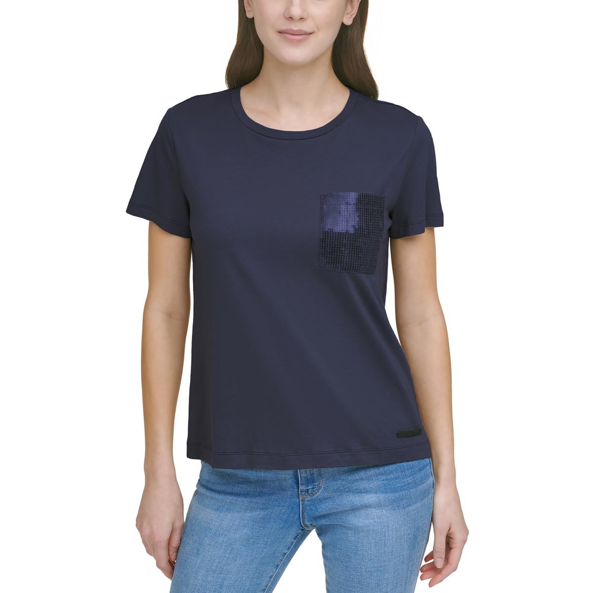 

Женская футболка с карманом и пайетками DKNY, цвет new navy