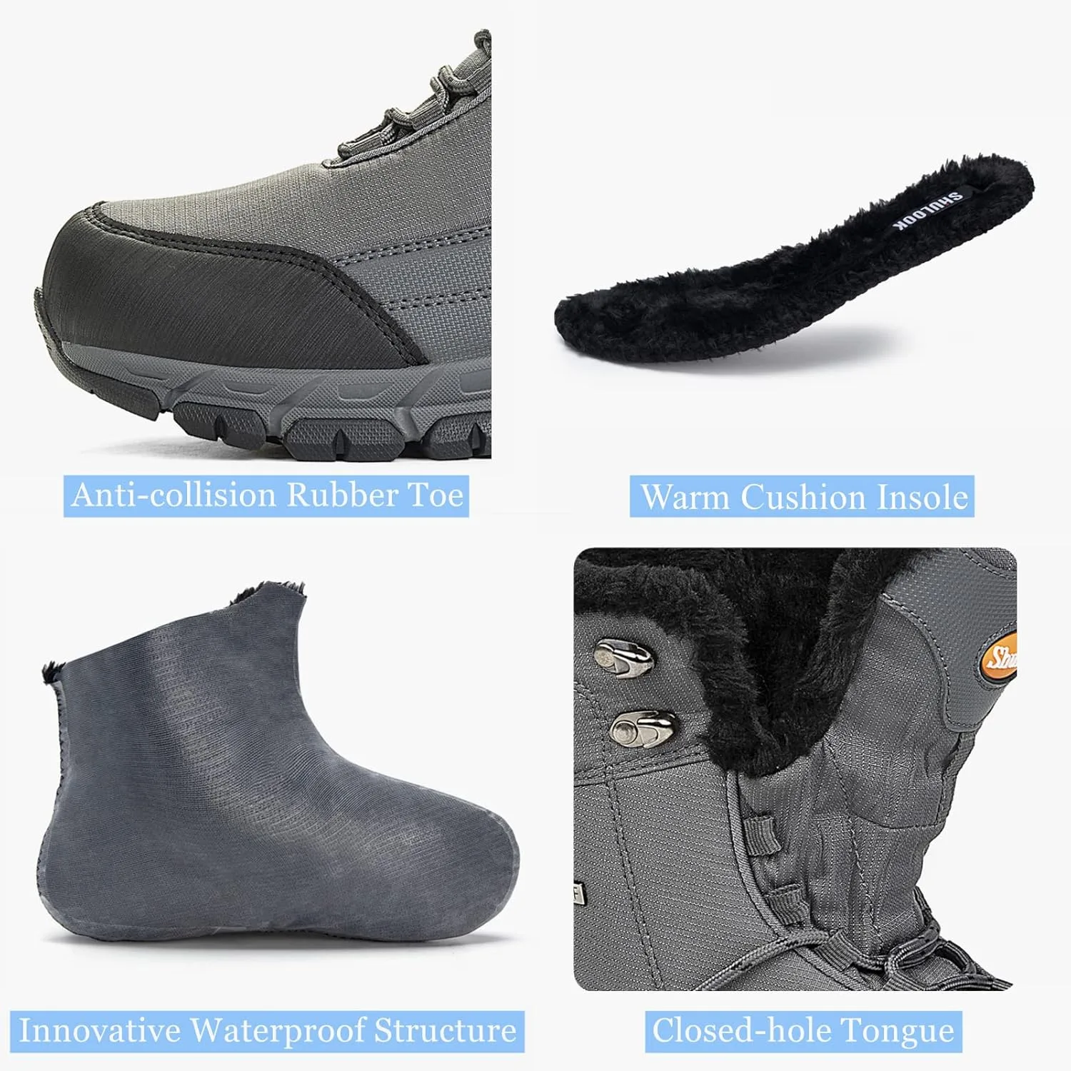 Мужские непромокаемые зимние ботинки SHULOOK на кожаной платформе, нескользящие, высокие, для работы и походов, серый — фото 3