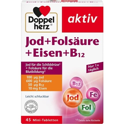 

Йод + фолиевая кислота + железо + B12 с фолиевой кислотой для нормального кроветворения 45 мини-таблеток, Doppelherz