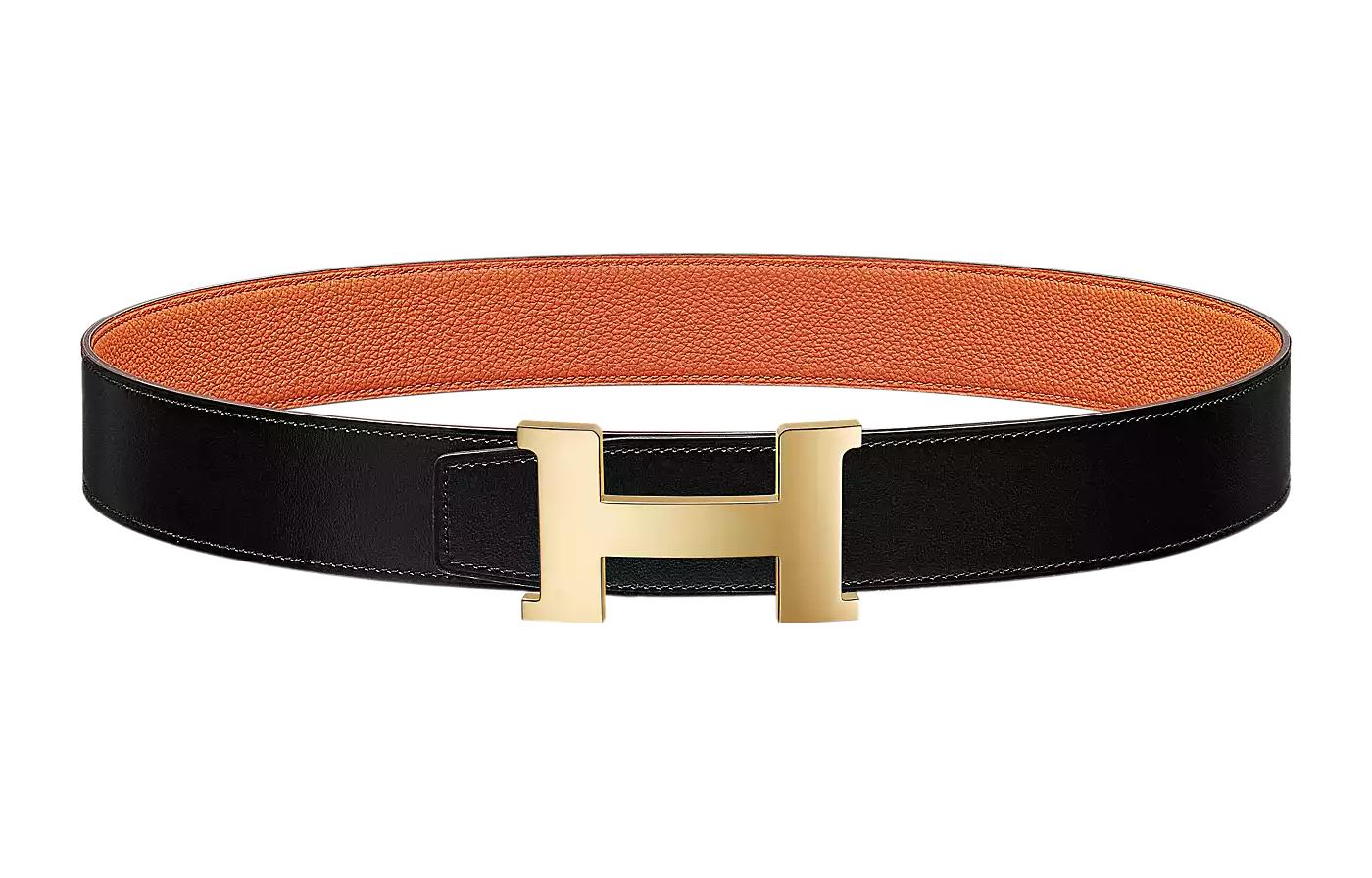 

Кожаный ремень из коровьей кожи мужской черный/оранжевый ширина 3,8 см HERMES