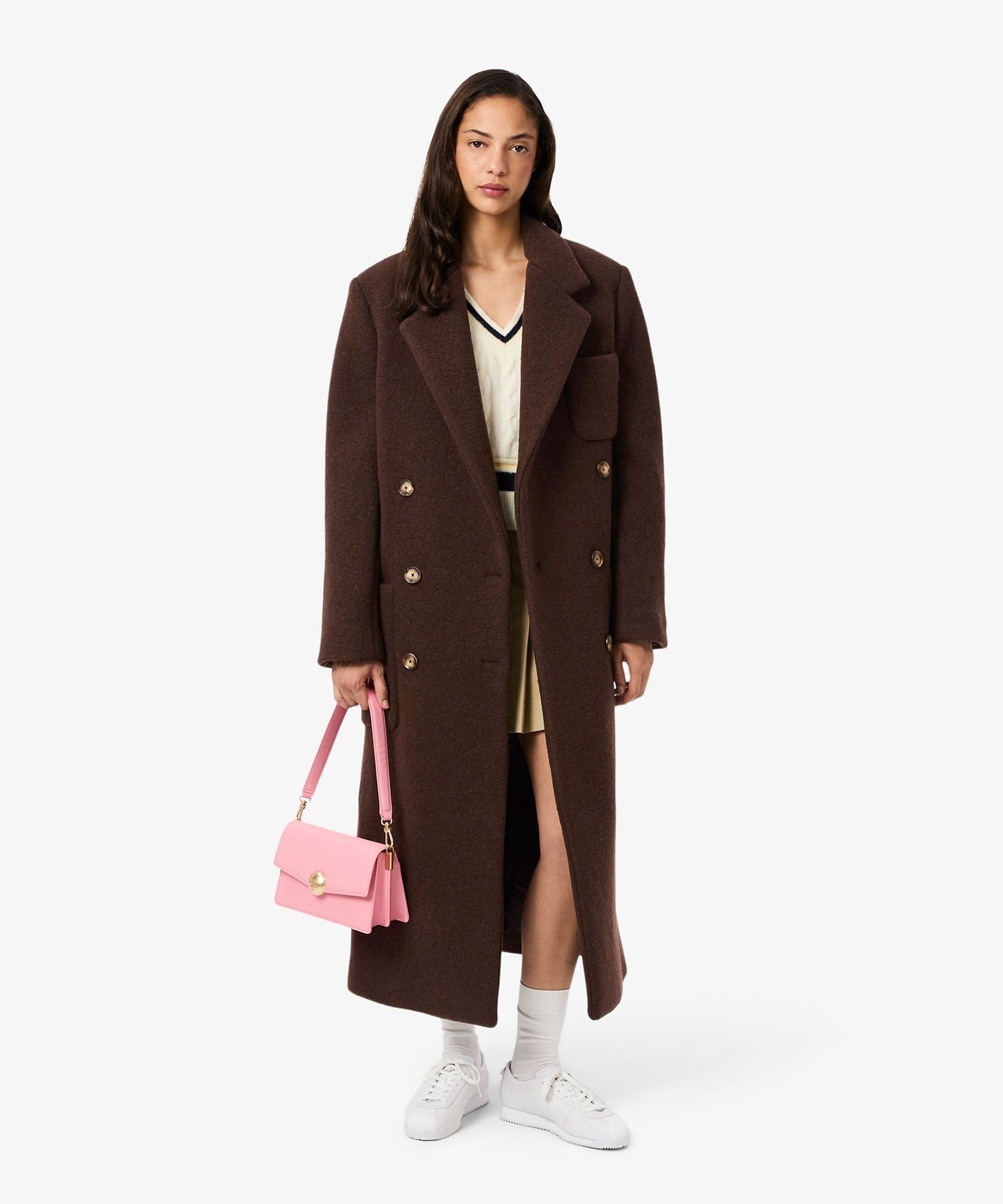 Пальто LACOSTE Двубортное длинное, 100% шерсть, темно-коричневое