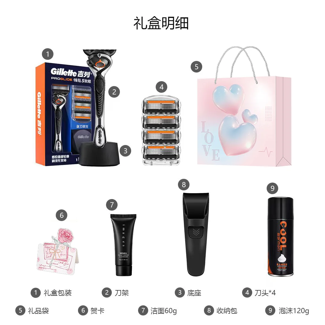 Бритвенный набор Zhi Shun Gravity Box в подарок на день рождения Gillette, Fengyin Zhishun 4-Blade Silver Gray-Valentine's Day Gift Box Set — фото 4