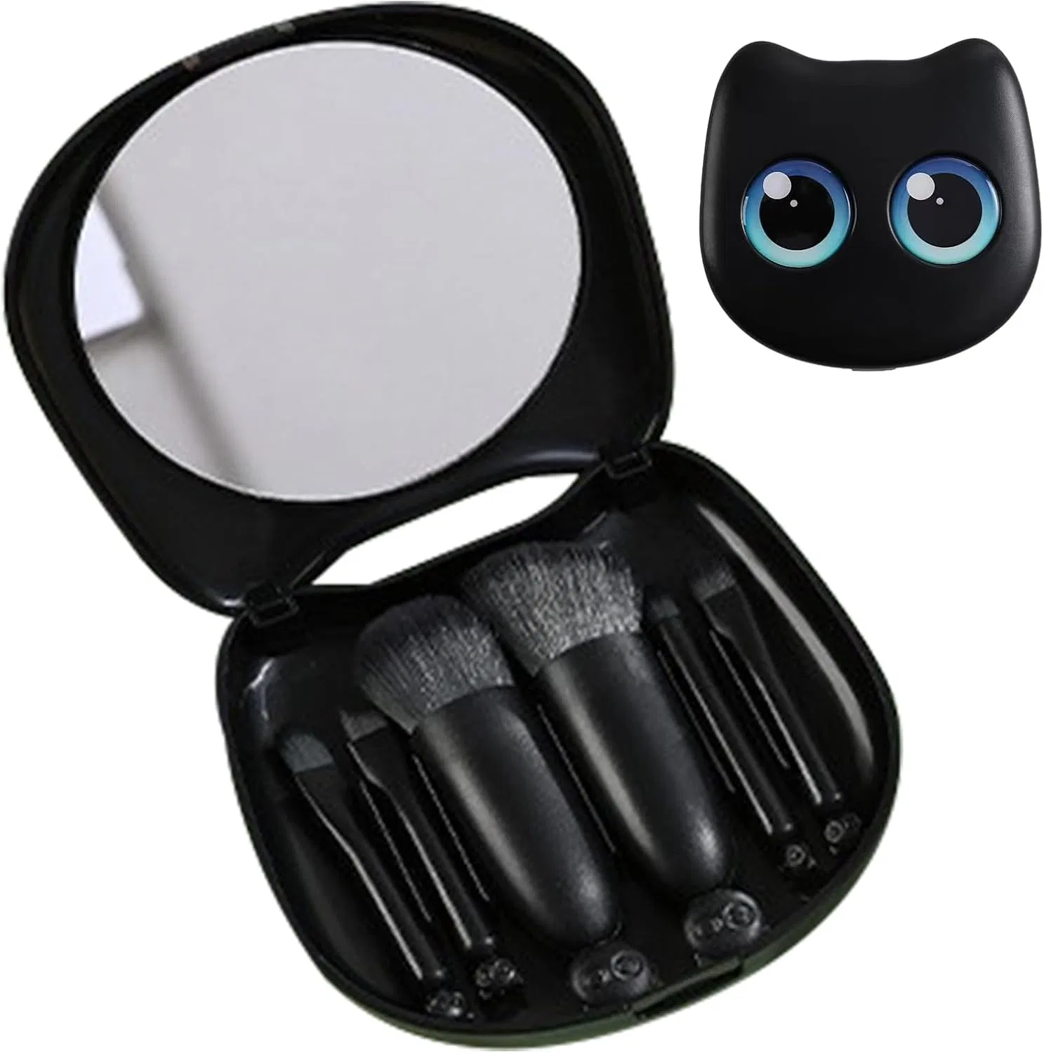Набор кистей для макияжа Travel Makeup Brushes, 6 предметов, с зеркалом, кошачий дизайн