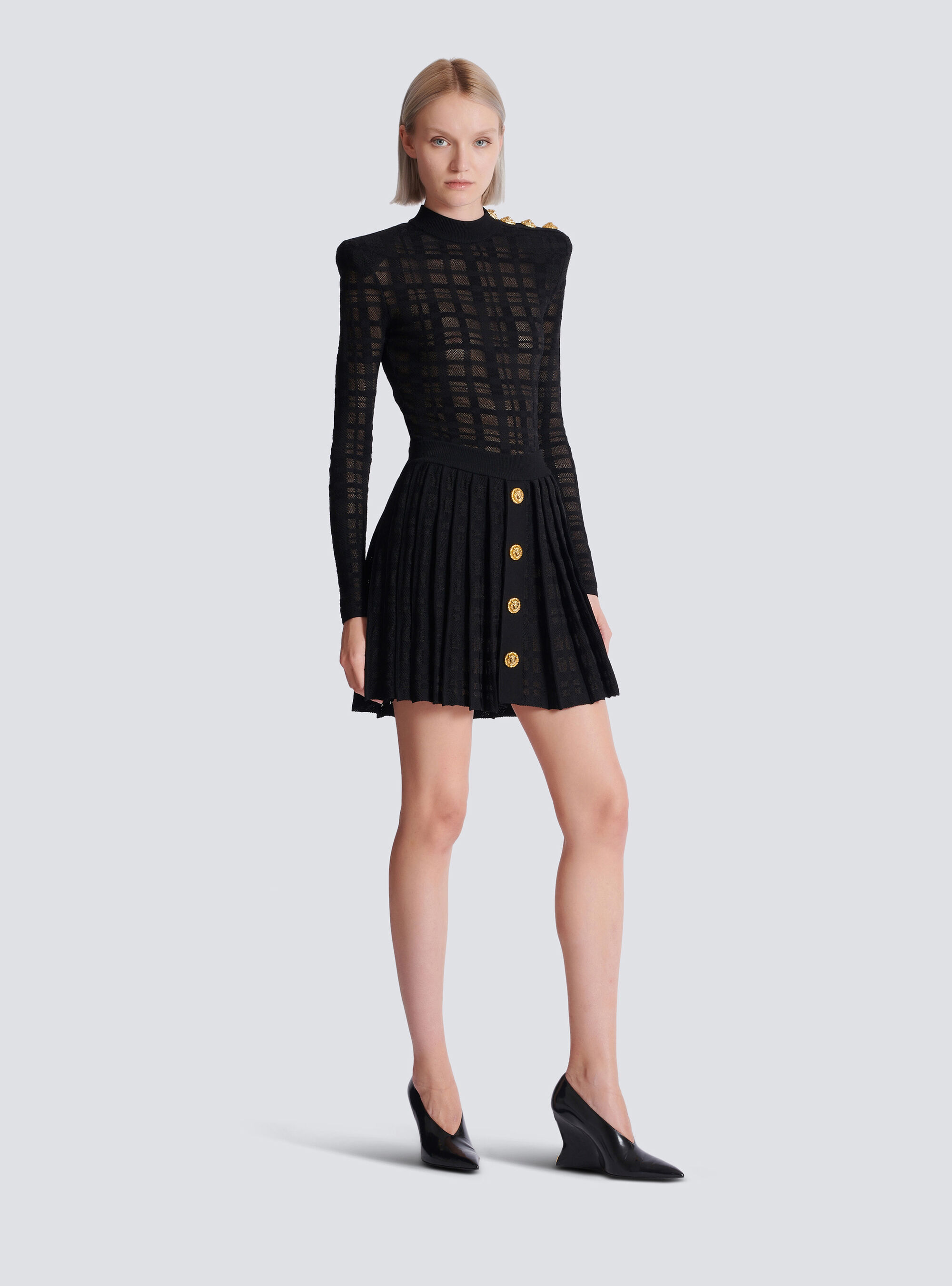 Короткая плиссированная юбка из трикотажа в клетку Balmain, черный — фото 3