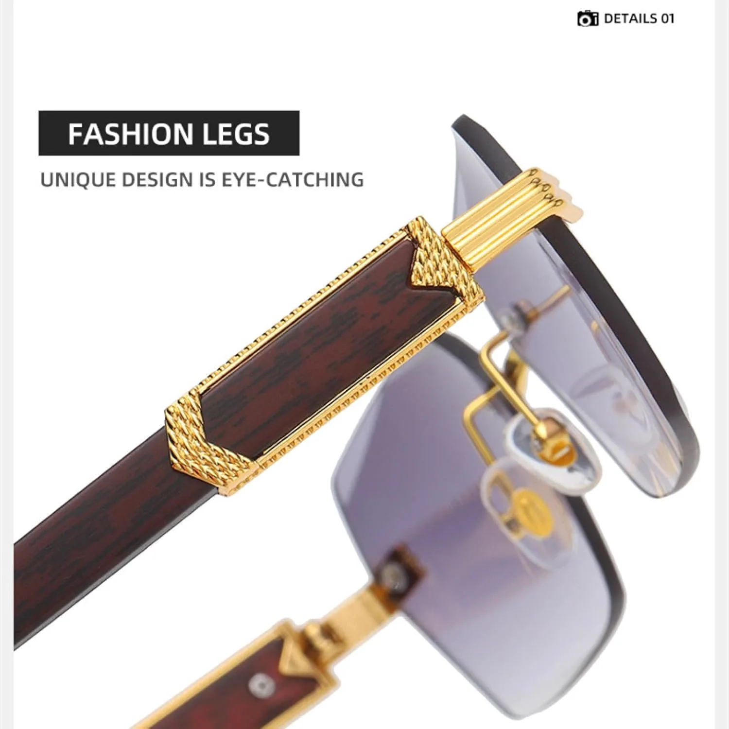 

Винтажные солнцезащитные очки без оправы для мужчин и женщин, с деревянным узором, роскошные, модные, с защитой от УФ-излучения UV400 TVTBBVV, Gold-brown