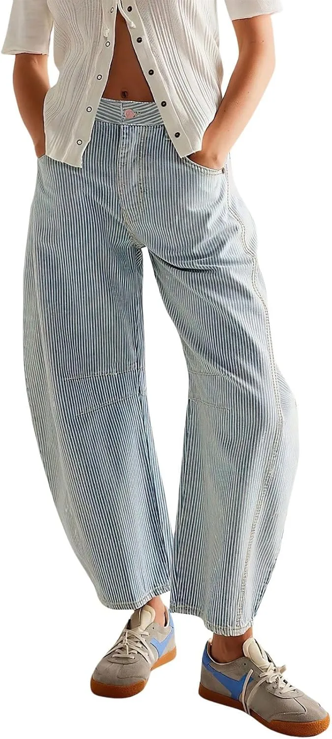 

ebossy женские полосатые джинсы mid rise barrel с растяжкой широкие укороченные