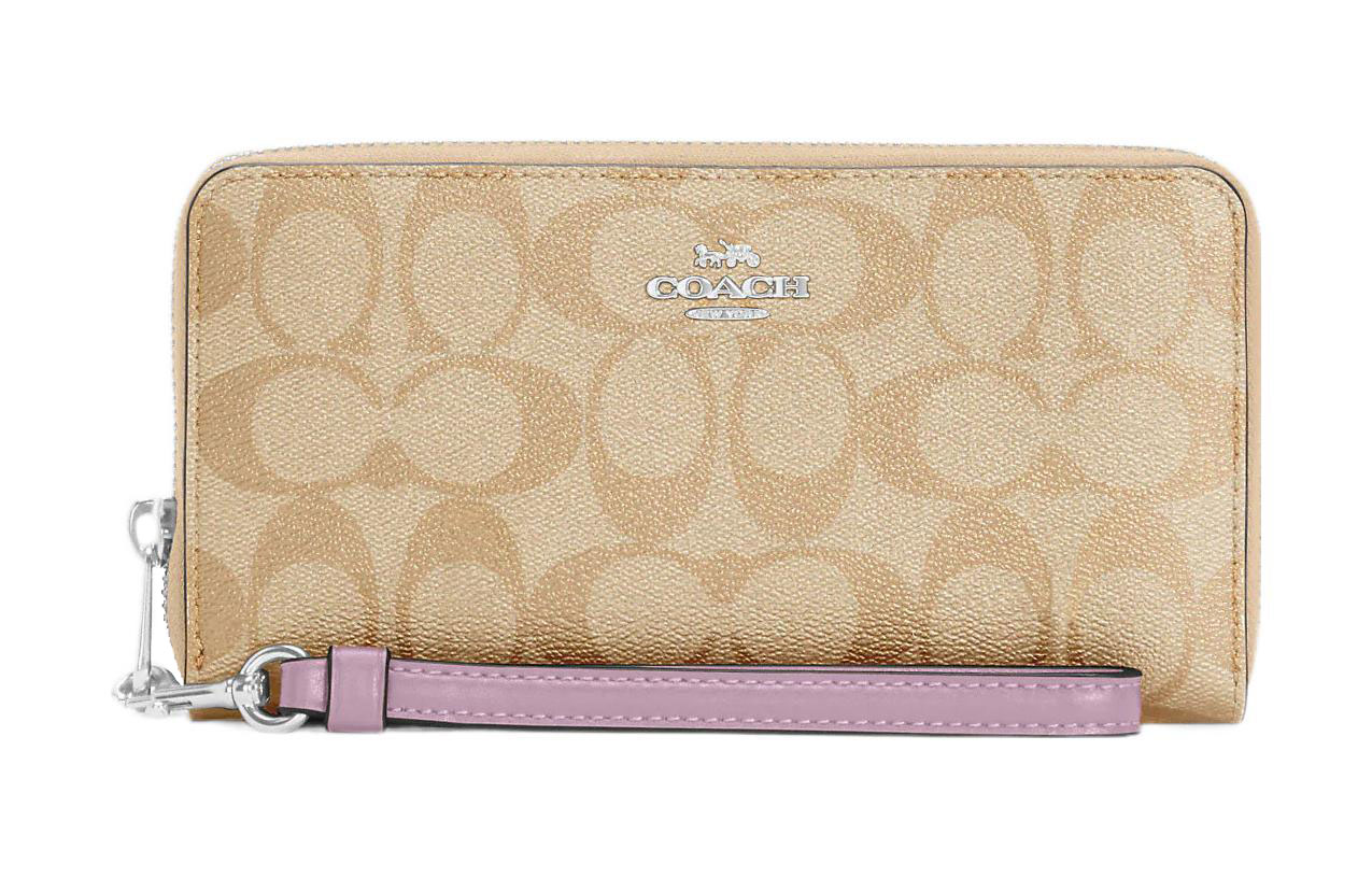 

COACH Женский кошелек на молнии из холста с кожаными вставками цвета хаки и фиолетового