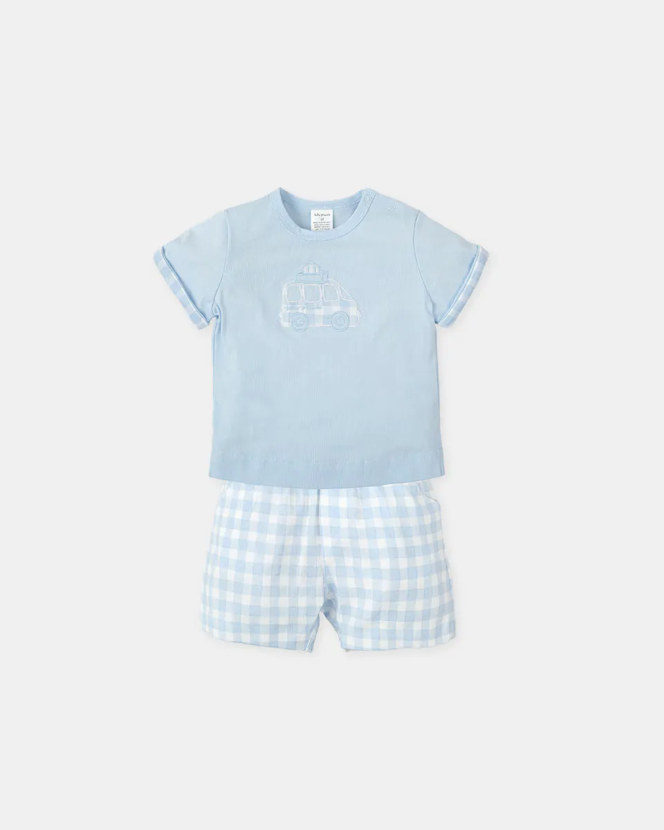 

Комплект из двух предметов для мальчика: футболка в небесно-голубую клетку и шорты Tutto Piccolo, светло-голубой