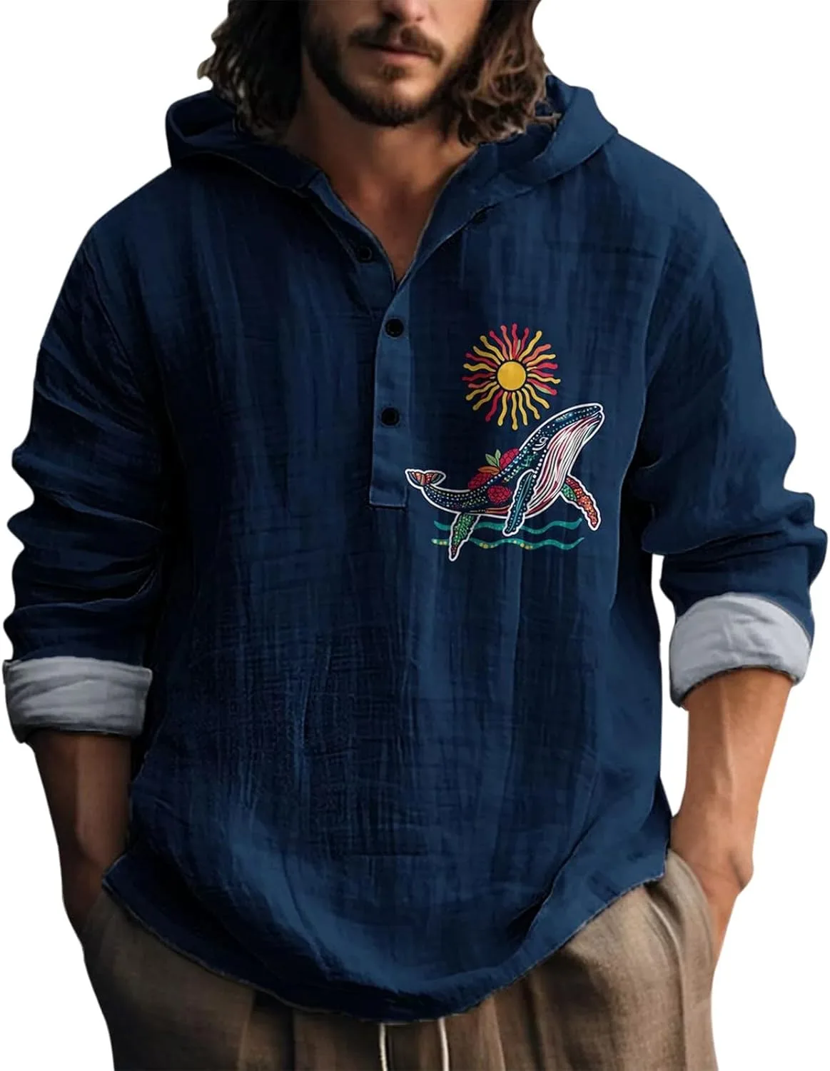 

Мужская толстовка с капюшоном из льна, легкая, с длинным рукавом и японским принтом