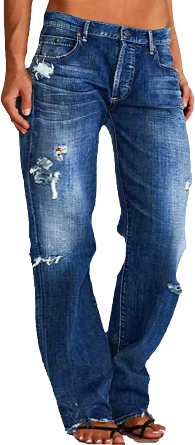 

Женские рваные джинсы прямого кроя с потертостями и необработанным краем