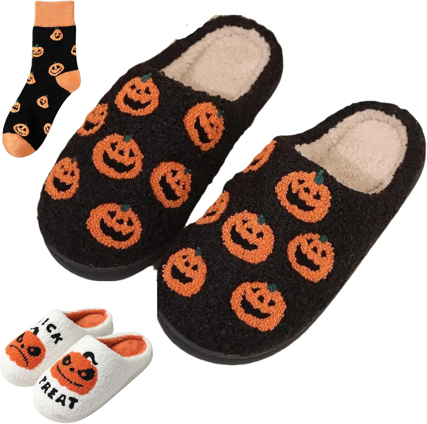 

Тапочки и носки с тыквой на Хэллоуин для женщин и мужчин, милые и жуткие, нескользящие, мягкие, для дома, на осень Elirar, черный