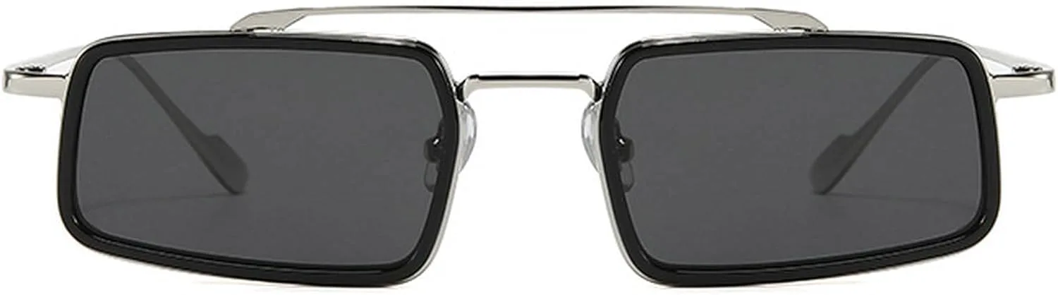 

Модные прямоугольные солнцезащитные очки для женщин, стильные ретро-очки с двойной перемычкой в ​​стиле панк, защита от УФ-излучения UV400 mincl, Silver Black