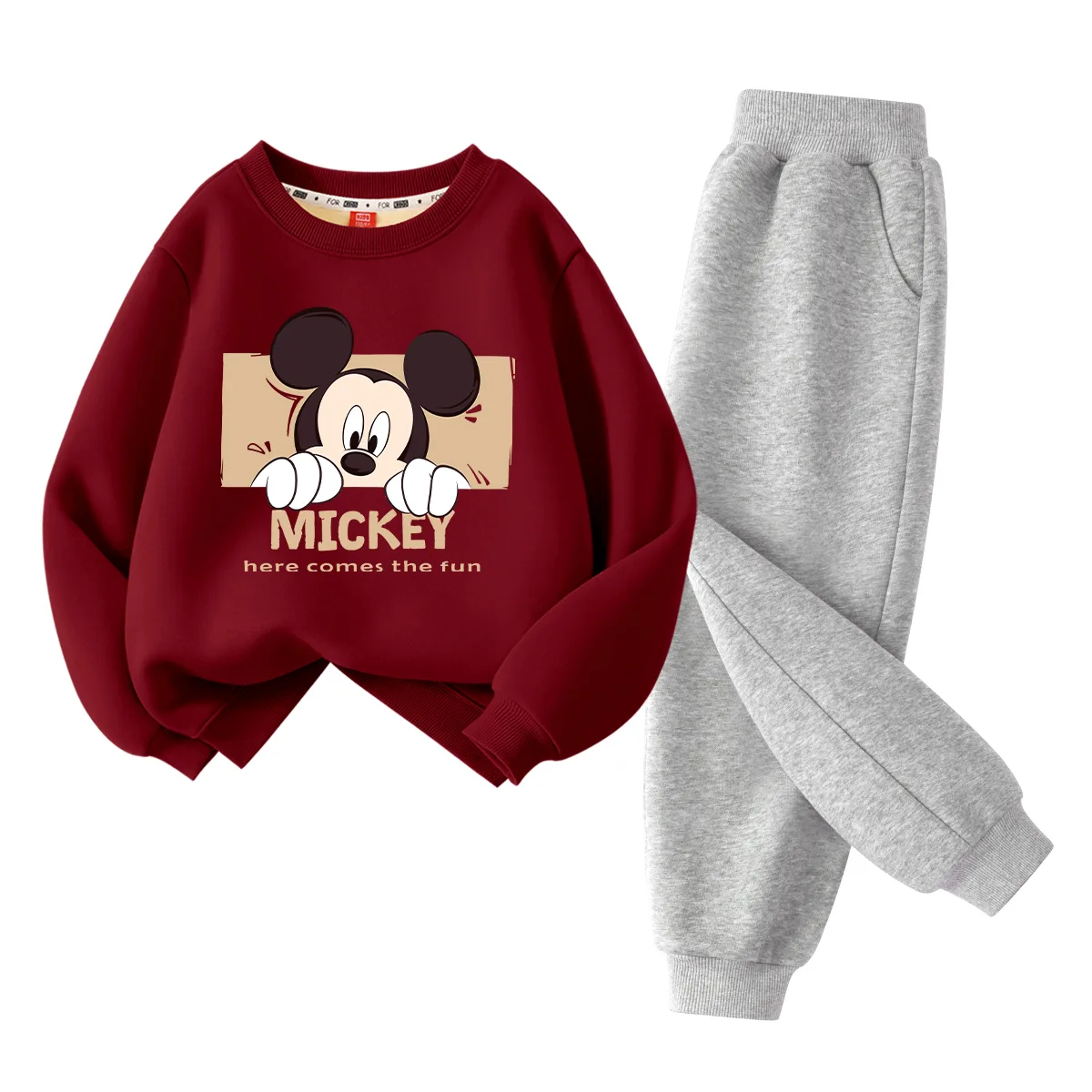 Детский спортивный костюм с круглым вырезом Disney, [Thickened and Fleece-Lined]Burgundy+Solid Color Gray