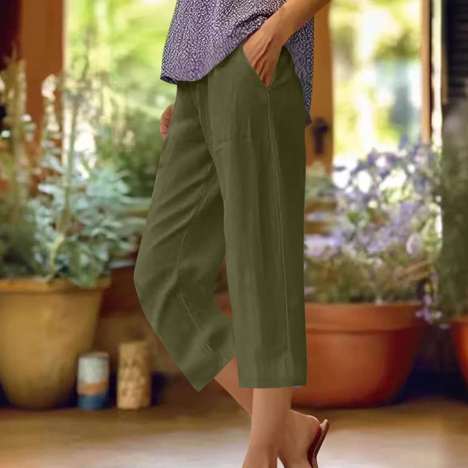 Льняные брюки Women 2026 Wide Leg Capri с карманами, летние, с эластичным поясом, модные укороченные Generic, зеленый — фото 3