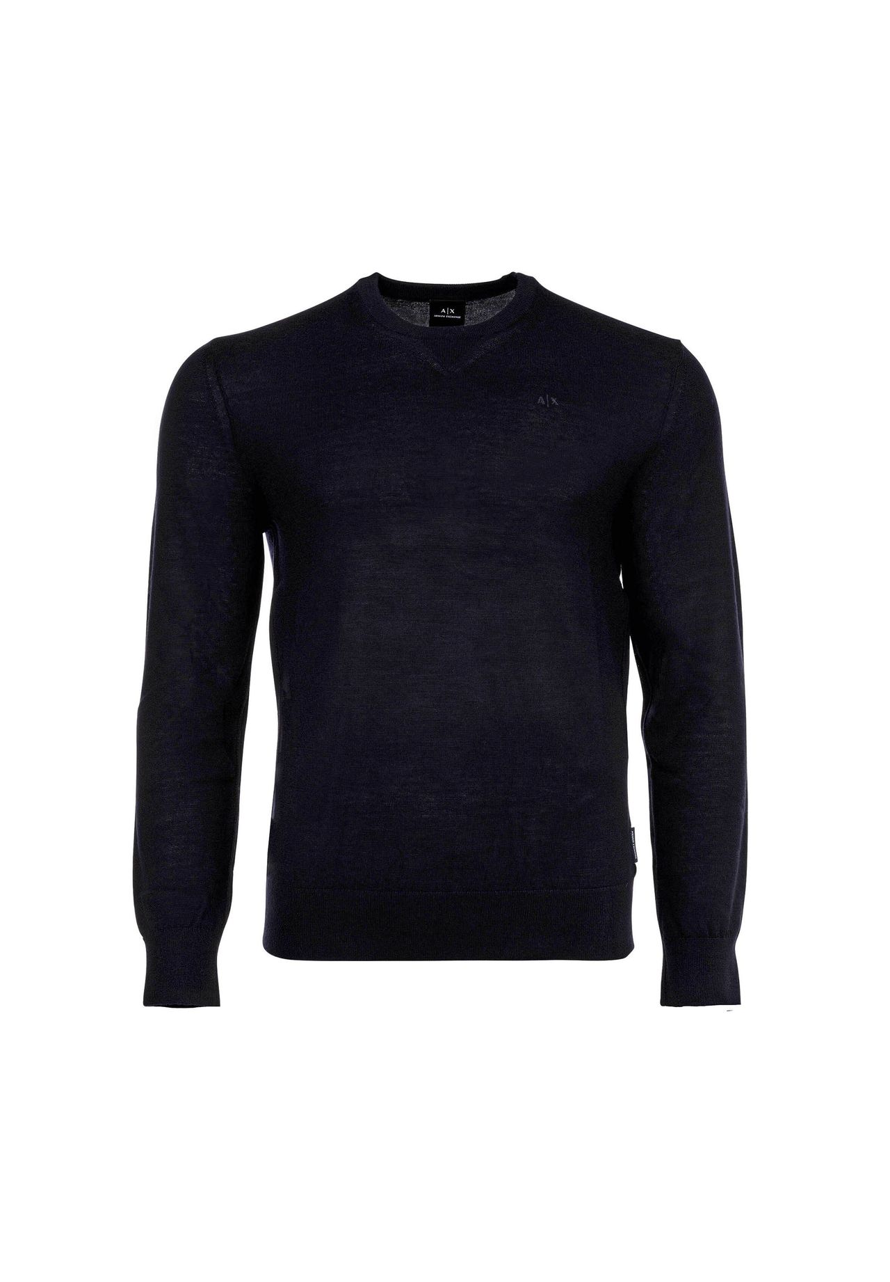

Мужской вязаный свитер - натуральная шерсть, круглый вырез, логотип, однотонный ARMANI EXCHANGE, синий