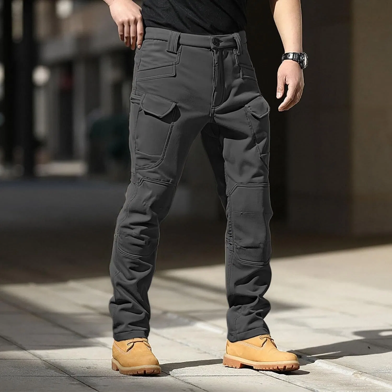 Тактические брюки для мужчин Fleece Slim Fit Straight Leg Cargo с множеством карманов для походов и активного отдыха Generic, серый — фото 3