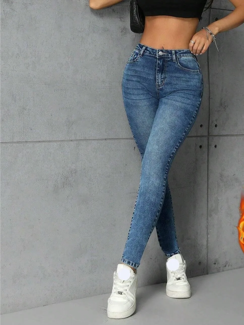 Женские джинсы Casual Slimming Fit с подкладкой и карманами, деним, осень-зима, мода 2025 Generic, Medium Wash — фото 3