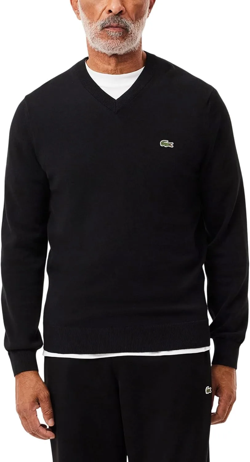 Свитер Lacoste мужской, однотонный хлопковый, с V-образным вырезом, черный