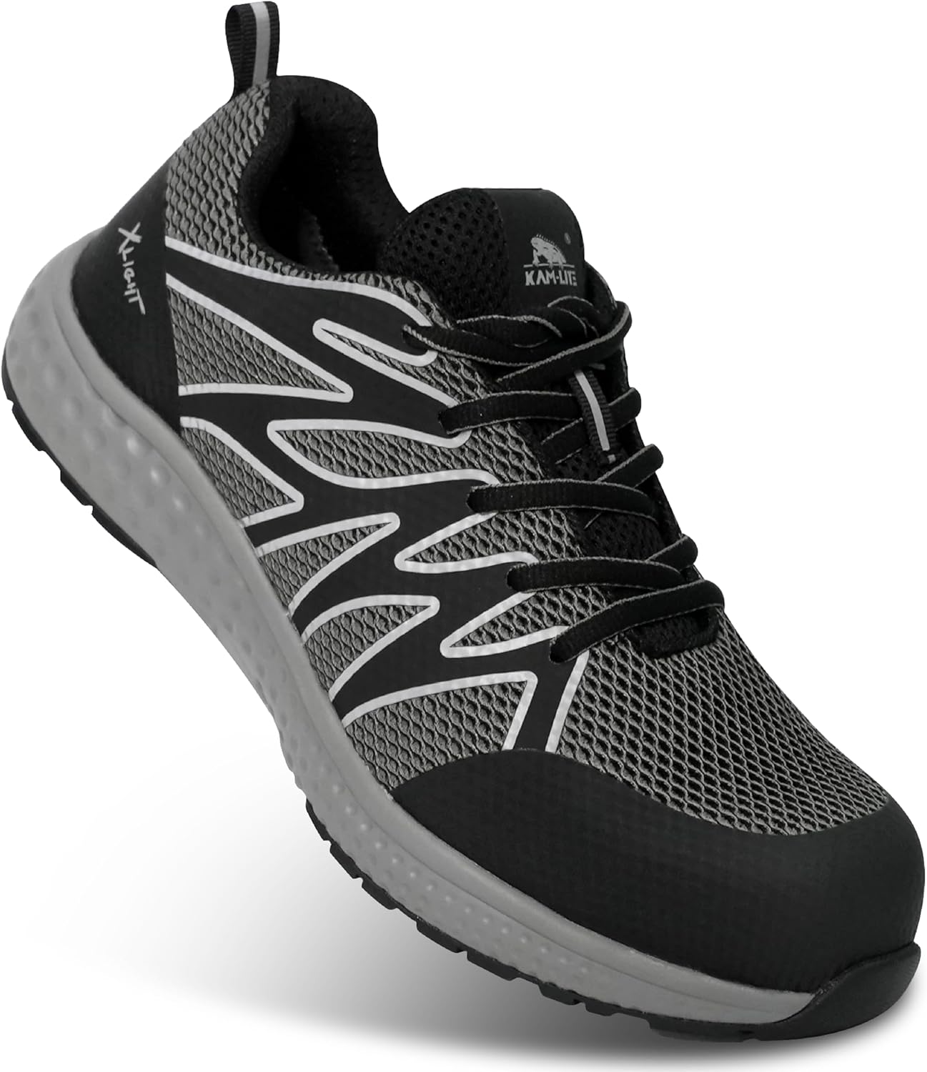 

Легкие защитные кроссовки для мужчин и женщин, дышащие туфли с композитным носком, антипрокольная стелька из кевлара, противоскользящая подошва, амортизирующая подошва, светоотражающие, для работы на складе и в строительстве Kam-Lite, серый