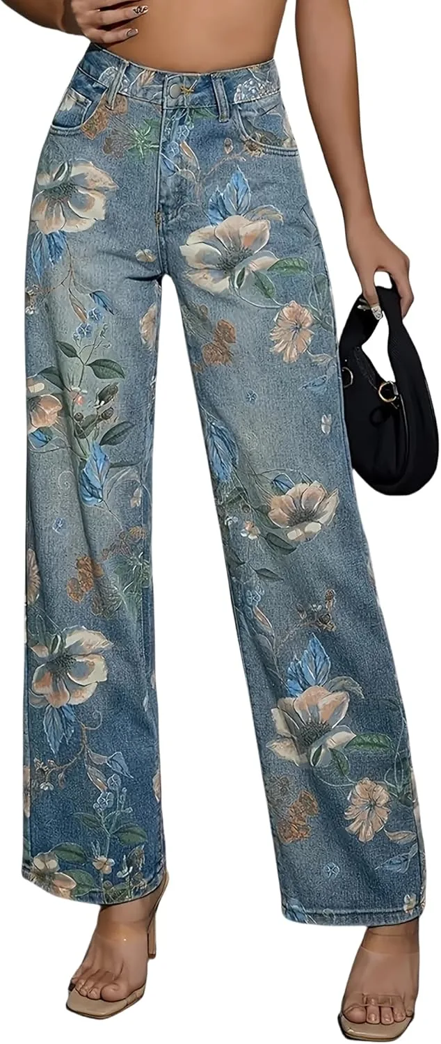 

Женские джинсы с высокой талией, вышивкой и цветочным принтом KKSONG