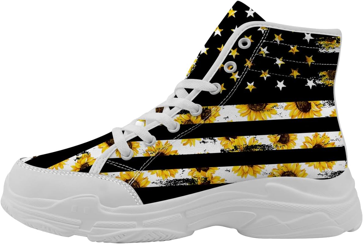 

Женские высокие кеды Quorax Sunflower на платформе, кеды на шнуровке из хлопка, подарок для нее или для него, белый/черный/желтый