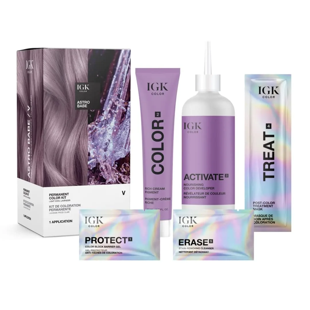 Набор для окрашивания волос IGK Permanent Hair Dye Color Kit | V Astro Babe - Светло-лавандовый холодный оттенок | 100% закрашивание седины + укрепление + блеск | Без аммиака для коротких/тонких волос (134.66 г, 1 шт.), Light Cool Lavender — фото 3