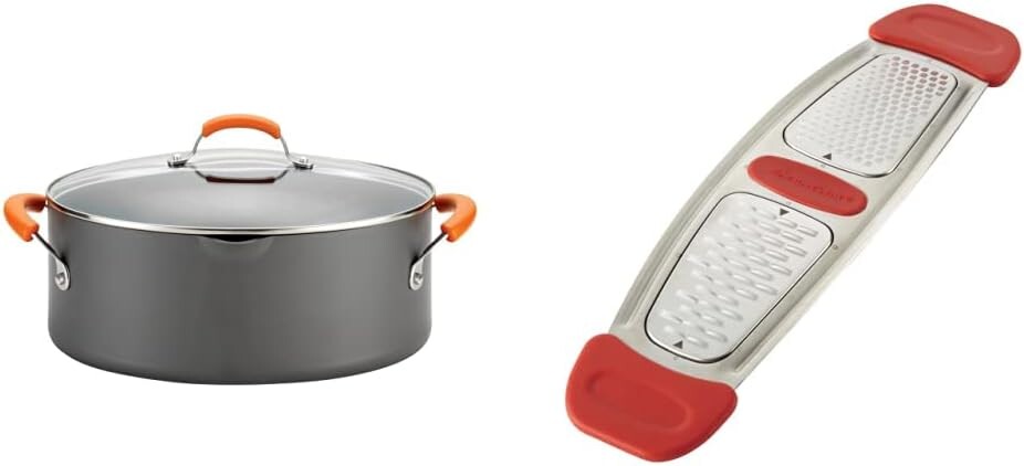 

Овальная кастрюля для макарон Rachael Ray с антипригарным покрытием, крышкой и носиком (8 литров, серая, с оранжевыми ручками) и теркой из нержавеющей стали (красная, маленькая)