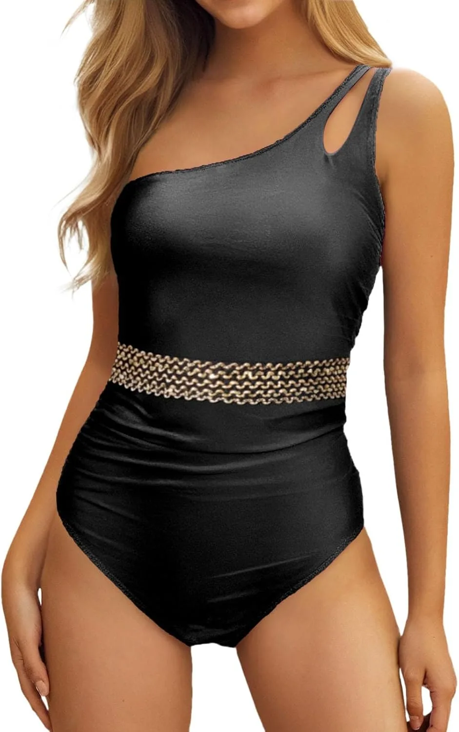 Купальник для женщин One Shoulder One Piece с цветными блоками, контролем живота, полным покрытием и вырезом-ключкой Generic, черный