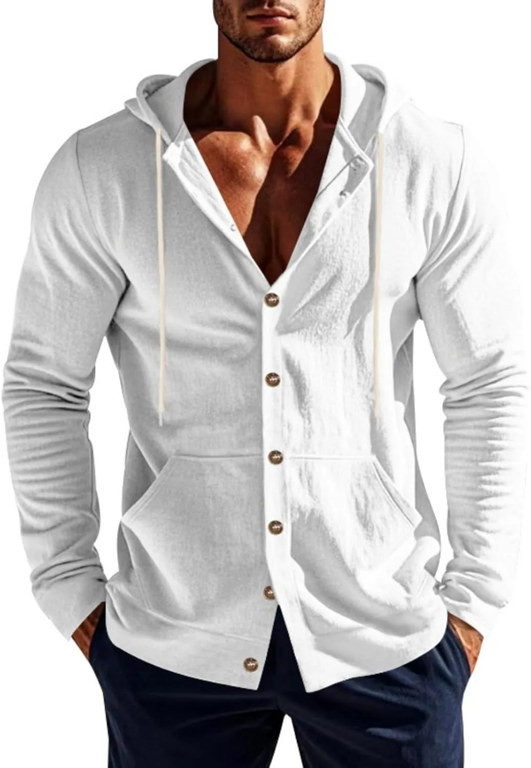 

Мужская хлопковая льняная рубашка с капюшоном на пуговицах, легкая и дышащая WENKOMG1