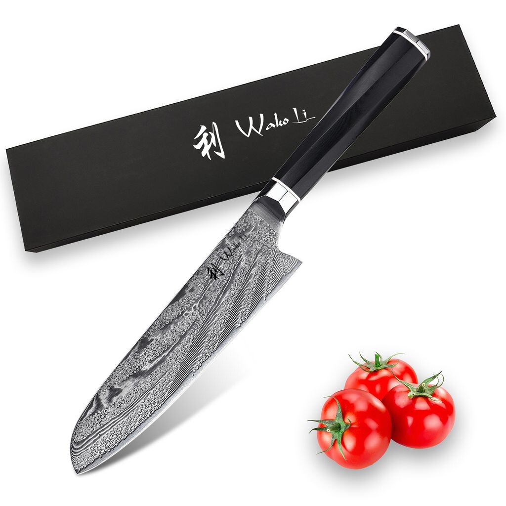 

Нож булат Ваколи Нож Сантоку, длина клинка 18 см - особо острый профессиональный кухонный нож из 73 слоев японского булата с сердечником AUS-10, рукояткой G10, поварской нож, серия Wakoli Kumo