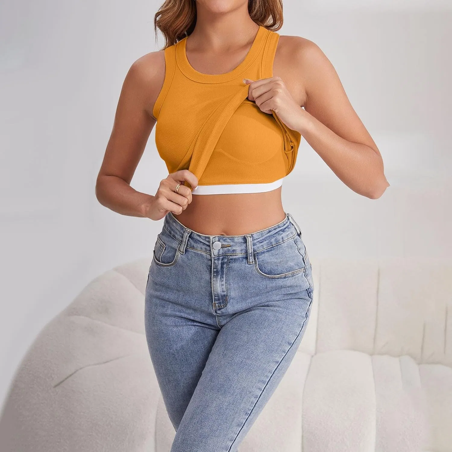 Топ с встроенным бюстгальтером Ribbed Knit Tank Tops, Yellow — фото 3