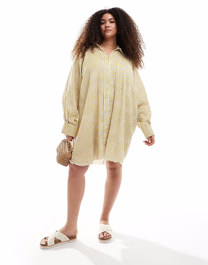 

ASOS DESIGN Curve свободное выстиранное мини-платье-рубашка в полоску цвета лайма ASOS Curve